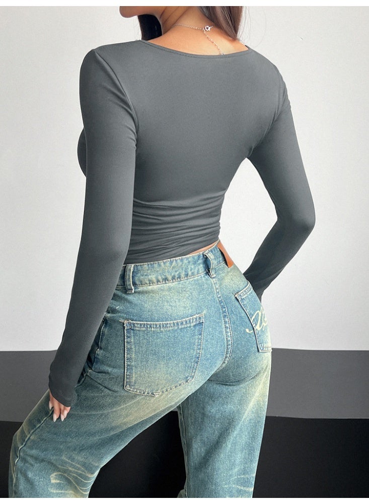 general 2026 Elegant Women's Long-Sleeved Square-Neck Crop Top, Long-Sleeved Pullover Tight-Fitting Casual Fashion Top, Y2K Style Top, T-Shirt - Image 4